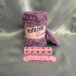 Yahtzee Its a Girls World Edition Travel Dice Game Purple Plush Shaker Pink Dice